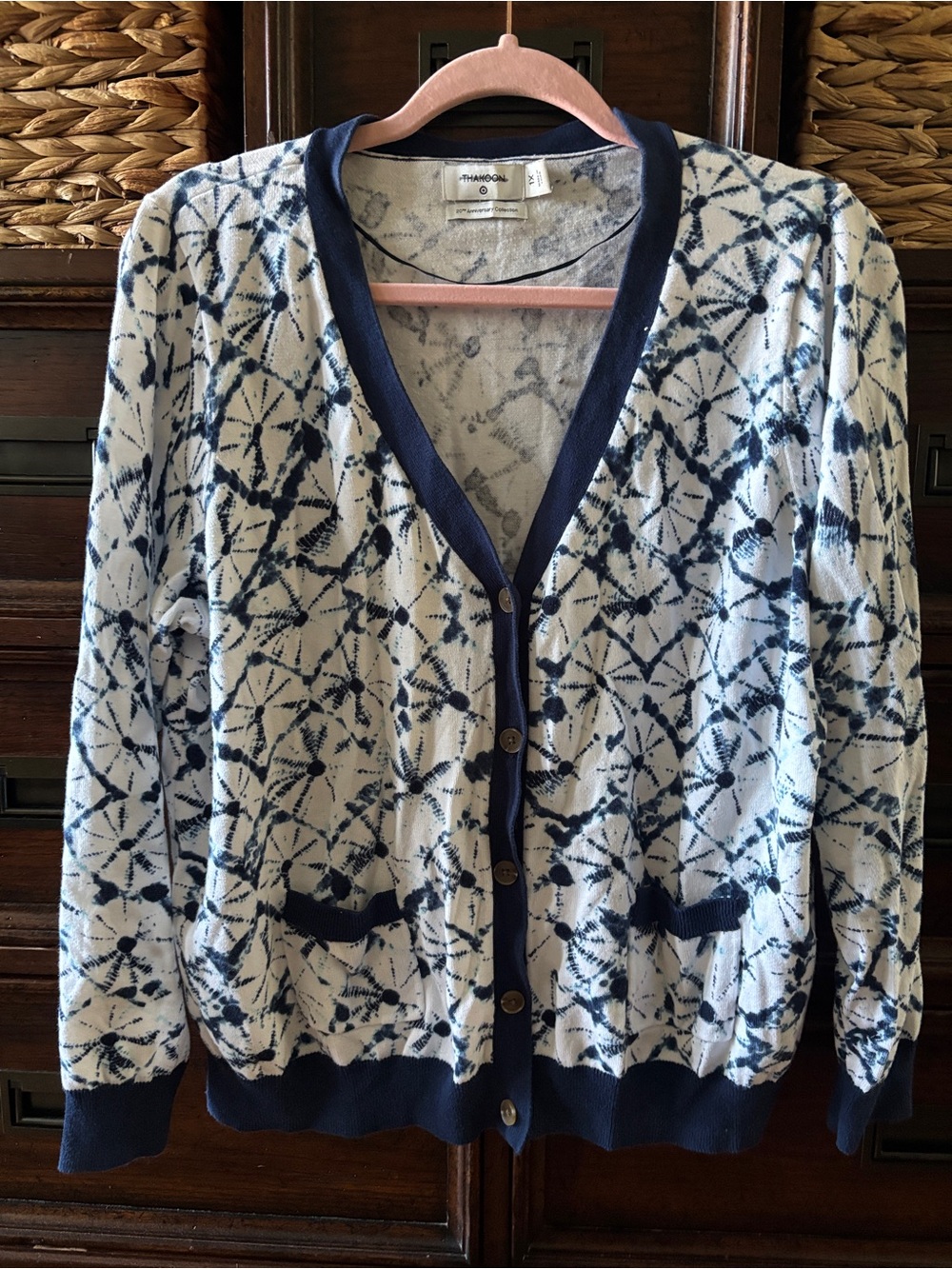 Thakoon Navy and White Tie-Dye Pattern Button Cardigan